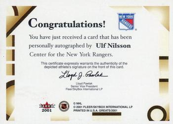 2001-02 Fleer Greats of the Game - Autographs #NNO Ulf Nilsson Back