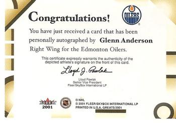 2001-02 Fleer Greats of the Game - Autographs #NNO Glenn Anderson Back