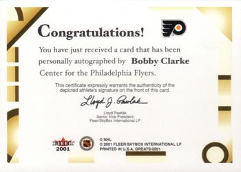 2001-02 Fleer Greats of the Game - Autographs #NNO Bobby Clarke Back