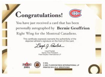 2001-02 Fleer Greats of the Game - Autographs #NNO Bernie Geoffrion Back
