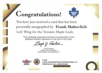 2001-02 Fleer Greats of the Game - Autographs #NNO Frank Mahovlich Back