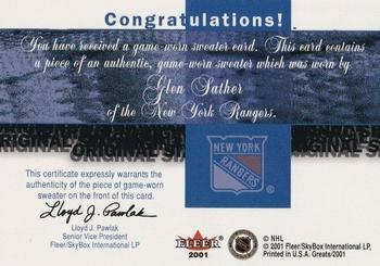 2001-02 Fleer Greats of the Game - Jerseys #NNO Glen Sather Back