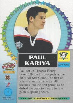 2001-02 Pacific - North America All-Stars Die Cuts #1 Paul Kariya Back