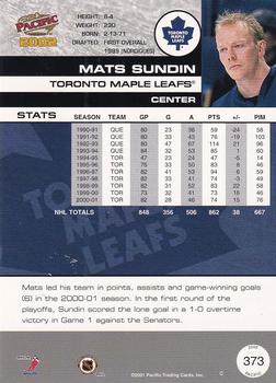2001-02 Pacific - Arena Exclusives #373 Mats Sundin Back