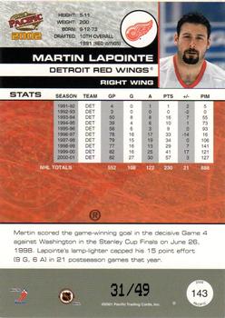 2001-02 Pacific - Extreme LTD #143 Martin Lapointe Back