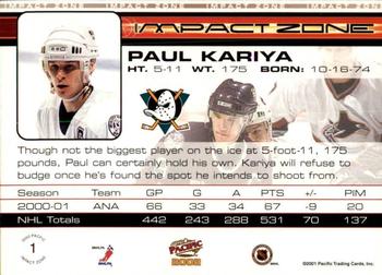 2001-02 Pacific - Impact Zone #1 Paul Kariya Back