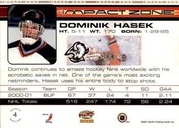 2001-02 Pacific - Impact Zone #4 Dominik Hasek Back