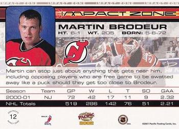2001-02 Pacific - Impact Zone #12 Martin Brodeur Back