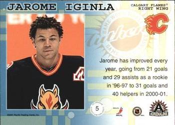 2001-02 Pacific Adrenaline - Game-Worn Jerseys #5 Jarome Iginla Back