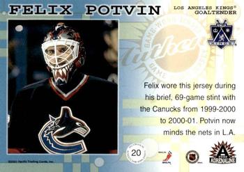 2001-02 Pacific Adrenaline - Game-Worn Jerseys #20 Felix Potvin Back