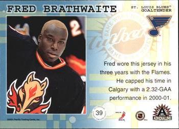 2001-02 Pacific Adrenaline - Game-Worn Jerseys #39 Fred Brathwaite Back