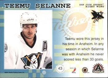 2001-02 Pacific Adrenaline - Game-Worn Jerseys #43 Teemu Selanne Back