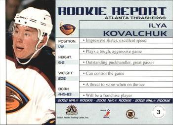 2001-02 Pacific Adrenaline - Rookie Report #3 Ilya Kovalchuk Back