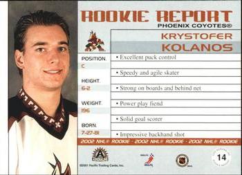 2001-02 Pacific Adrenaline - Rookie Report #14 Krystofer Kolanos Back