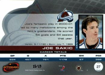 2001-02 Pacific Atomic - Blue #27 Joe Sakic Back