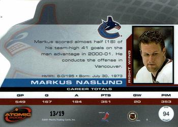 2001-02 Pacific Atomic - Blue #94 Markus Naslund Back