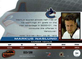 2001-02 Pacific Atomic - Gold #94 Markus Naslund Back