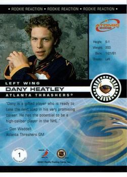 2001-02 Pacific Atomic - Rookie Reaction #1 Dany Heatley Back