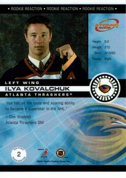 2001-02 Pacific Atomic - Rookie Reaction #2 Ilya Kovalchuk Back