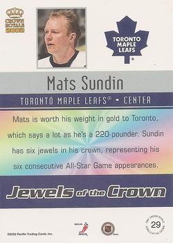 2001-02 Pacific Crown Royale - Jewels of the Crown #29 Mats Sundin Back