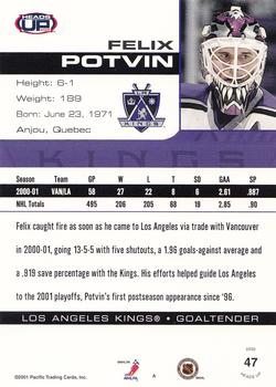2001-02 Pacific Heads Up - Silver #47 Felix Potvin Back