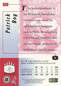 1993-94 Upper Deck - SP #81 Patrick Roy Back