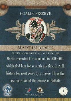 2001-02 Pacific Private Stock - Reserve #G1 Martin Biron Back