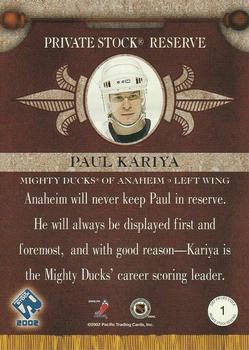 2001-02 Pacific Private Stock - Reserve #S1 Paul Kariya Back