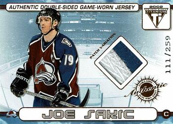 2001-02 Pacific Private Stock Titanium - Authentic Double-Sided Patches #12 Joe Sakic / Alex Tanguay Front