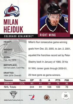 2001-02 Pacific Private Stock Titanium - Hobby Red #35 Milan Hejduk Back