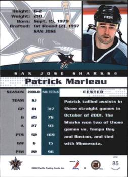 2001-02 Pacific Vanguard - Blue #85 Patrick Marleau Back