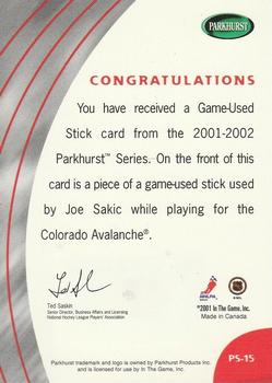 2001-02 Parkhurst - Sticks #PS-15 Joe Sakic Back