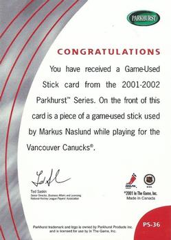 2001-02 Parkhurst - Sticks #PS-36 Markus Naslund Back