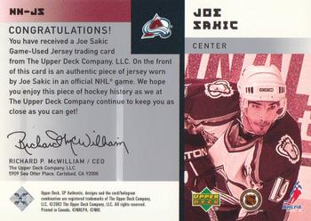 2001-02 SP Authentic - Notable Numbers #NN-JS Joe Sakic Back