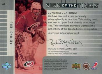 2001-02 SP Authentic - Sign of the Times #AI Arturs Irbe Back