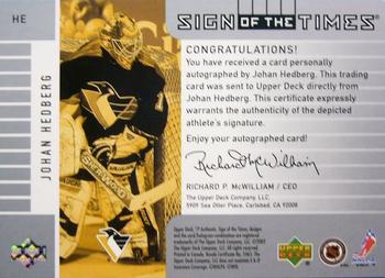 2001-02 SP Authentic - Sign of the Times #HE Johan Hedberg Back