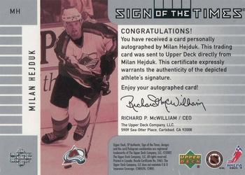 2001-02 SP Authentic - Sign of the Times #MH Milan Hejduk Back