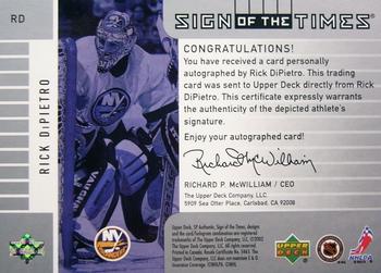 2001-02 SP Authentic - Sign of the Times #RD Rick DiPietro Back