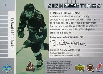 2001-02 SP Authentic - Sign of the Times #TRL Trevor Letowski Back