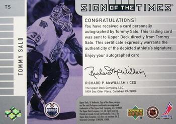 2001-02 SP Authentic - Sign of the Times #TS2 Tommy Salo Back