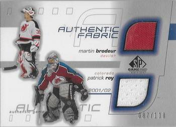 2001-02 SP Game Used - Authentic Fabric #DF-BR Martin Brodeur / Patrick Roy Front