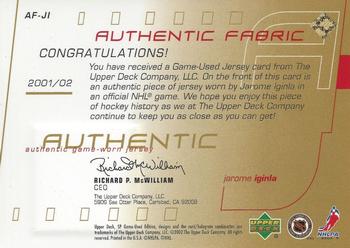 2001-02 SP Game Used - Authentic Fabric Gold #AF-JI Jarome Iginla Back