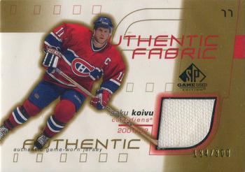 2001-02 SP Game Used - Authentic Fabric Gold #AF-SK Saku Koivu Front