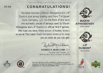 2001-02 Upper Deck Rookie Update - SPx Hidden Treasures #DT-AD Maxim Afinogenov / J.P. Dumont Back