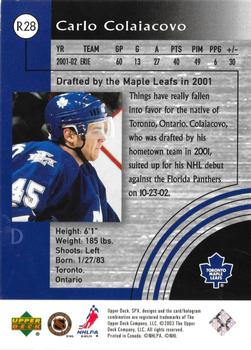 2001-02 Upper Deck Rookie Update - SPx Rookie Exchange #R28 Carlo Colaiacovo Back