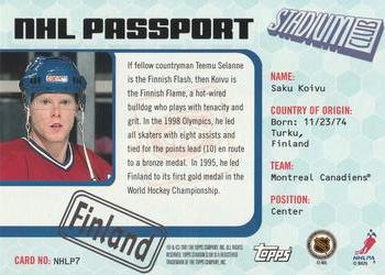 2001-02 Stadium Club - NHL Passport #NHLP7 Saku Koivu Back