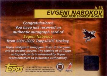 2001-02 Topps - Autographs #A-EN Evgeni Nabokov Back
