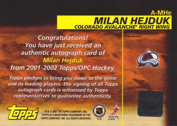 2001-02 Topps - Autographs #A-MHe Milan Hejduk Back