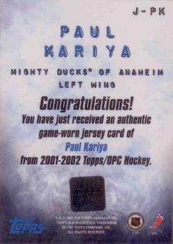 2001-02 Topps - Game-Worn Jerseys #J-PK Paul Kariya Back