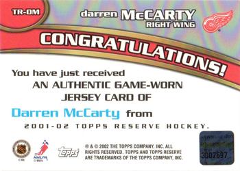2001-02 Topps Reserve - Jerseys #TR-DM Darren McCarty Back